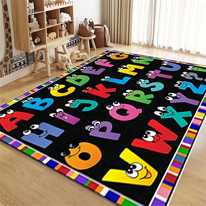 Kids Area Rug English Characters ABC and Math Symbols Learning Carpets, Lovely Black Foldable Large Area Rugs Perfect for Dining Room Bedside Kids Boys Bedroom Playroom Hallway, 2x5ft
