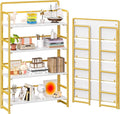 4NM No Assembly Extra Wide 4 Tiers Folding Bookshelf Storage Shelves Vintage Bookcase Standing Racks Study Organizer Home Office (White Gold)