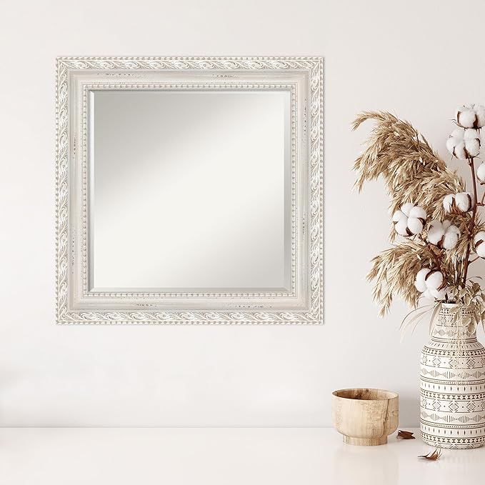 Amanti Art White Wall Mirror 26x26 Opera Off White Square Bathroom Mirror for Wall Decor Living Room, Medium Traditional Wood Frame, Hangs Horizonally and Vertically, Bathroom Decor, Beveled Edge