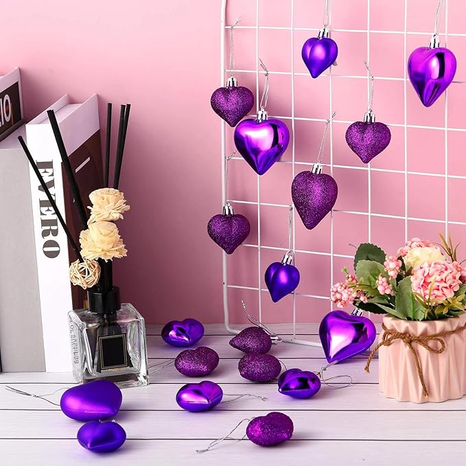 Skylety 30 Pieces Valentine's Day Heart Ornaments, Heart Shaped Decorations Tree Hanging Baubles for Valentine Wedding Anniversary, 3 Styles 2 Size (Purple)