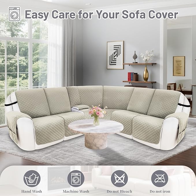 Recliner Sofa Covers 100% Waterproof Velvet L Shape Recliner Couch Covers for Sofa Pets Washable Anti Slip Recliner Slipcovers with Pockets (5 Seat Sofa with 1 Console, Light Gray)