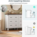 LINSY HOME Farmhouse 6 Drawer Double Dresser for Bedroom, 53” Wide Rustic Wood Chest with Deep Drawers, Modern Dressers with Storage and Metal Handles for Closet, Living Room, Hallway, Off White