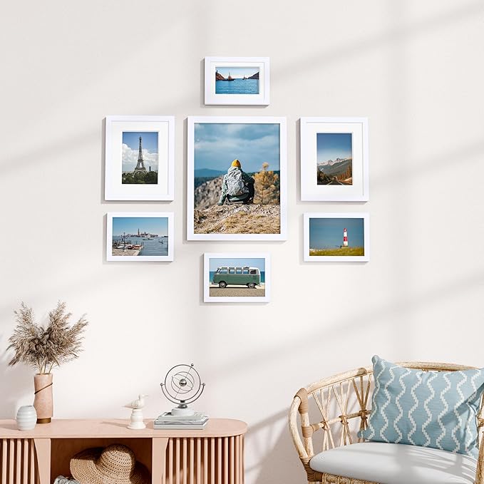 Vittanly Picture Frames set of 7, Picture Frames Collage Wall Decor for Wall or Tabletop Display, Multi Sizes with 1Pcs 11x14, 2Pcs 8x10 and 4Pcs 5x7 Photo Frames, Gallery Wall Frame Set in White