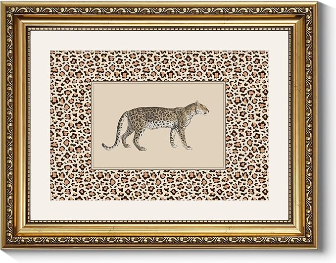 ARPEOTCY Gold Framed Canvas Wall Art, 11x14 Vintage Leopard Illustration with Leopard-Print Border, Safari Animal Wall Art for Living Room, Bedroom, Office, Glam & Maximalist Home Decor