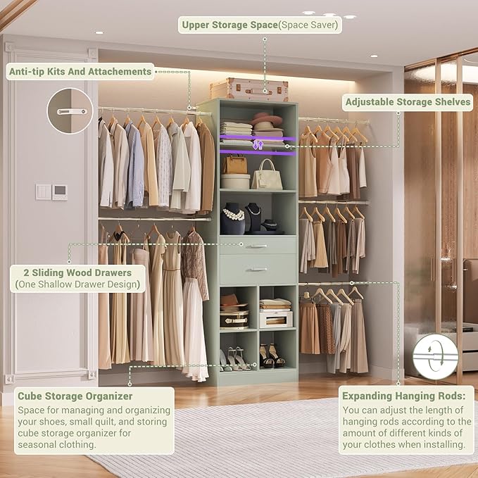 Closet System, 4-8 FT Closet Organizer Tower with 2 Wooden Drawers and 5 Hanging Rods, Can Fit 60 to 96 inch Walk-in Closet System, Crab Green