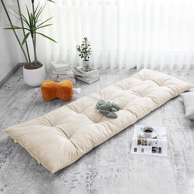 HOMBYS Floor Lounger Pillow Foldable and Tufted Design Long Floor Cushion for Yoga, Reading, Sleeping, Meditation, Elastic Band for Roll Up and Easy Storage, Machine Washable (Beige, 74"x27")
