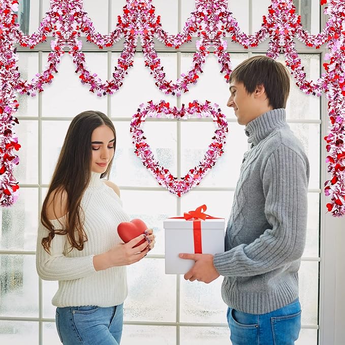 26.2 Feet Valentine's Day Heart Tinsel Garland Love Party Metallic Tinsel Shiny Garland Hanging Decoration for Valentine Wedding Anniversary Party Supplies