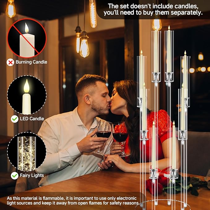 2 Set of 8 Arms Acrylic Candelabra Centerpieces for Wedding Table Decorations,38.5'' Tall Clear Candlesticks Holder with Acrylic Shade for Valentine's Day Dinner Party Fireplace Gift,Fits LED Candles