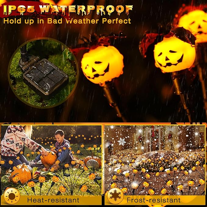 Halloween Decorations Outdoor 2 Pack Solar Lights, 12 LED Scary Pumpkin Swaying Firefly Lights with Spider & Bats for Outside Garden Yard Lawn Grave Cemetery Ghost Decor Party, Orange