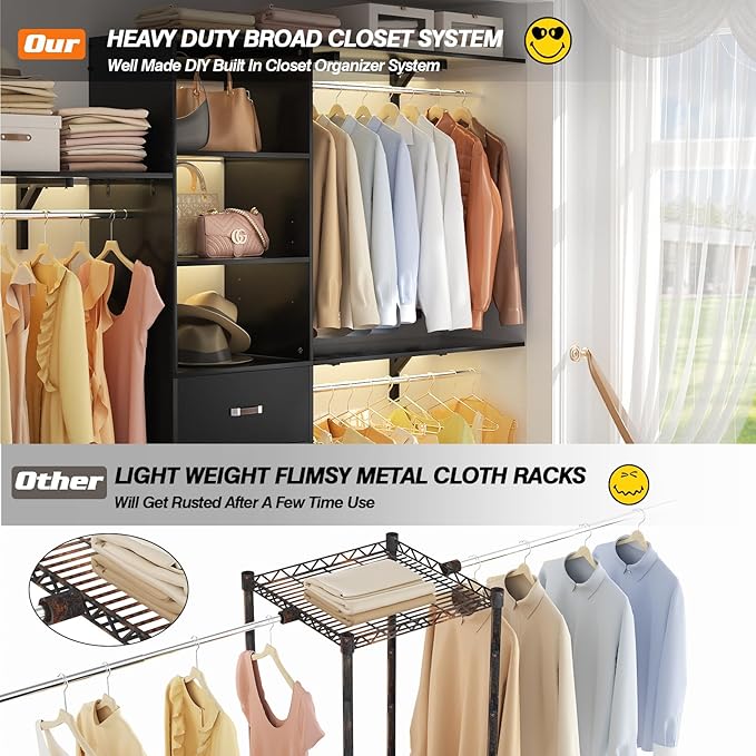 Armocity 96 Inches Closet System, 8FT Walk In Closet Organizer with 3 Shelving Towers, Heavy Duty Clothes Rack with 3 Drawers, Built-In Garment Rack, 96" L x 16" W x 75" H, Max Load 1000 LBS, Black
