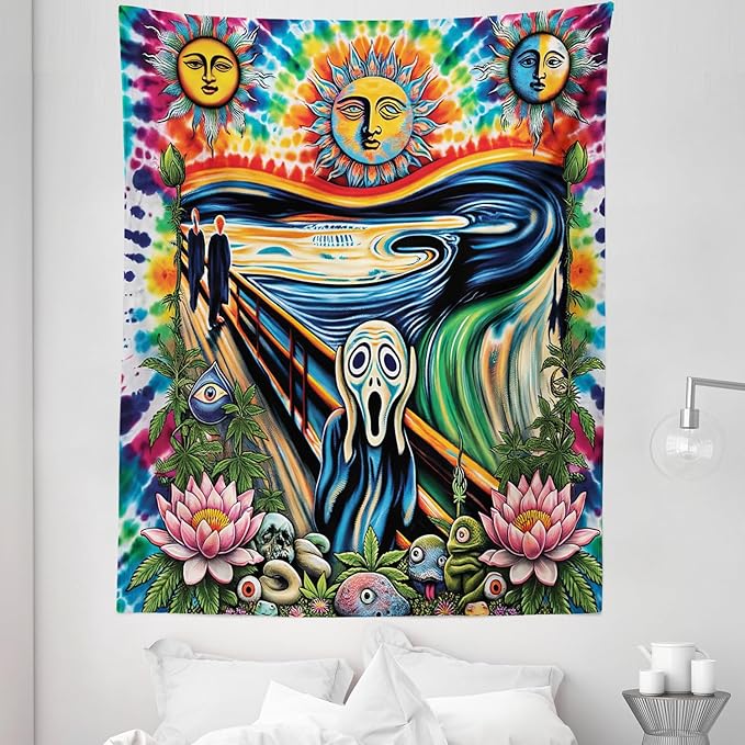Ambesonne Trippy Tapestry Twin Size, Tie Dye Effect Esoteric Sun Moon Psychedelic the Scream Interpretation with Flowers, Wall Hanging Bedspread Bed Cover Wall Decor, 68" X 88", Multicolor