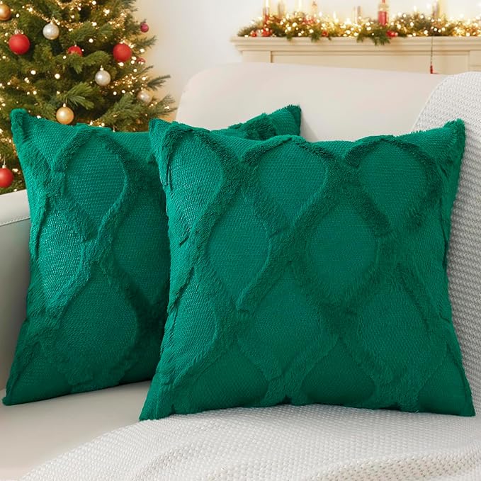 decorUhome Spring Throw Pillow Covers 18x18 Inch Set of 2, Soft Plush Faux Fur Wool Green Couch Pillow Covers, Decorative Neutral Pillow Cases for Bed Sofa Living Room Home Decor