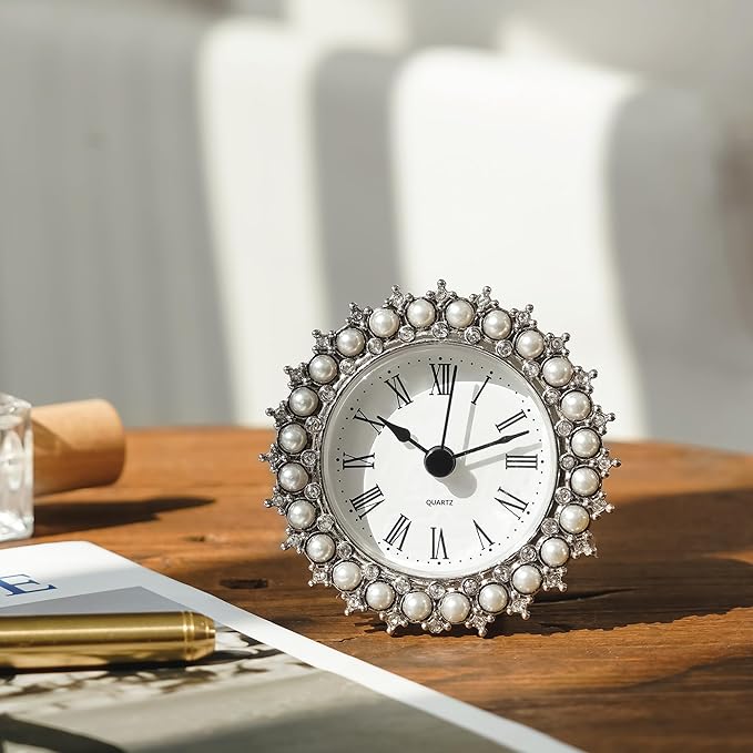 NIKKY HOME Small Table Clock with Faux Pearls Battery Operated for Living Room Decor Desk Shelf 3'', White