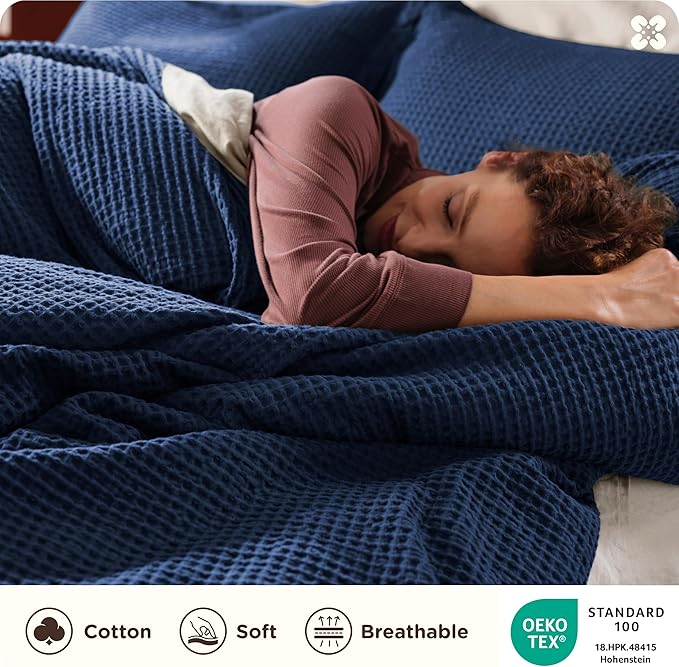 Bedsure Cotton Duvet Cover Set - 100% Cotton Waffle Weave Navy Duvet Cover Oversized King Size, GentleSoft™ and Breathable Bedding Set for All Season, 3 Pieces, 120"x98"