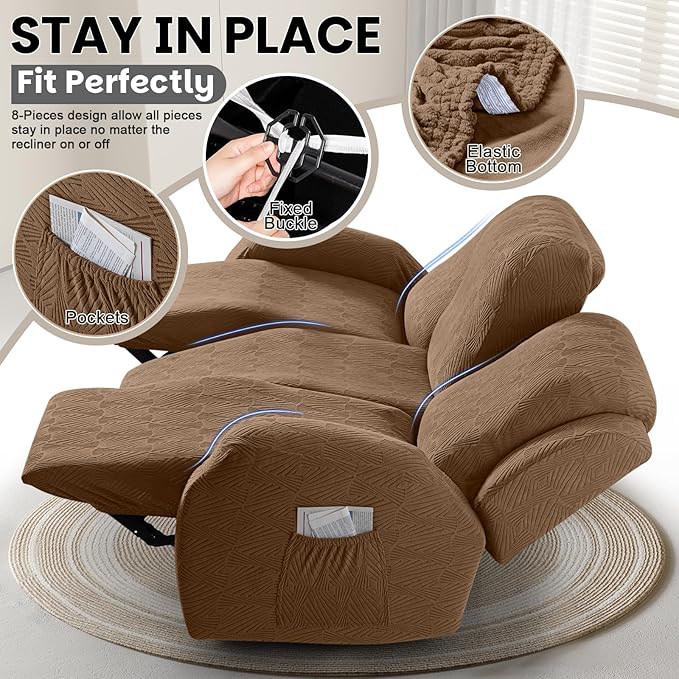 VANSOFY Recliner Couch Cover, 8-Pieces Stretch Recliner Sofa Cover Soft Jacquard Reclining Slipcover Furniture Protector with Elastic Bottom for Kid, Pets(3 Seat,Light Coffee)