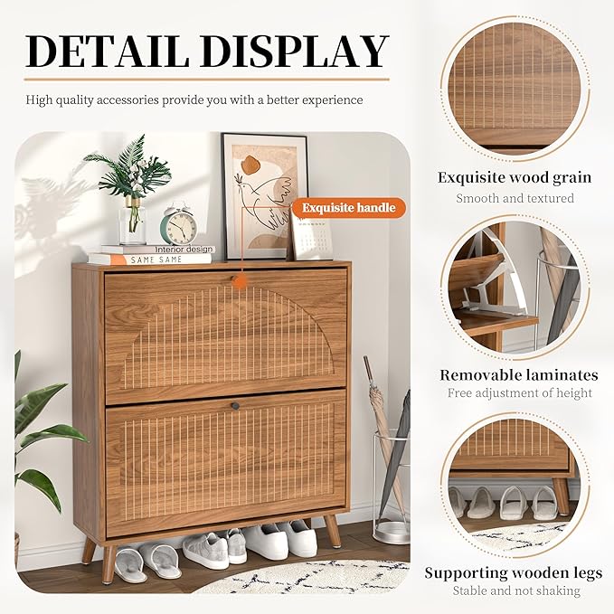 Shoe Storage Cabinet for Entryway with 2 Flip Drawers, Narrow Wood Shoe Cabinet with Fluted Panel, Freestanding Hidden Shoe Organizer for Foyer, Hallway (Walnut)