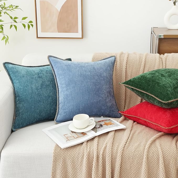 decorUhome Spring Chenille Soft Cozy Throw Pillow Covers 18x18 Set of 2, Modern Farmhouse Boho Velvet Decorative Pillow Cases with Stitched Edge for Couch Sofa Bed Home Decor, Blue