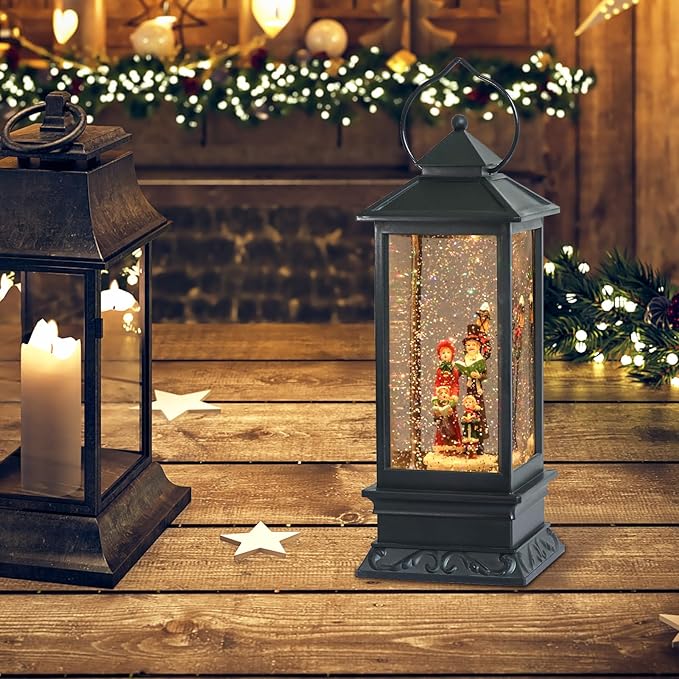 Eldnacele Christmas Musical Snow Globe Lantern Plug in & Battery Operated Glitter Lamp Navitity Scene Lighted Lantern with 6 Hour for Christmas Decoration 12 Inches (Carolers)