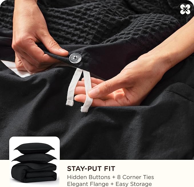 Bedsure Cotton Duvet Cover Set - 100% Cotton Waffle Weave Black Duvet Cover California King, GentleSoft™ and Breathable Cal King Bedding Set for All Season, 3 Pieces, 104"x98"