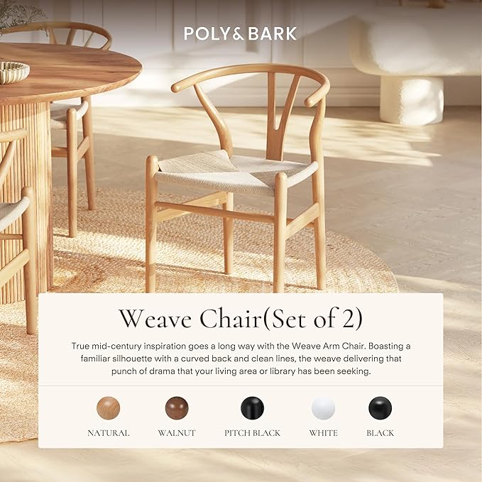 POLY & BARK Weave Dining Chairs – Mid-Century Modern Wishbone Dining Chairs with Arms, Solid Wood Frame, Indoor Use – Natural – Set of 2 - Ideal for Dining Room, Kitchen or Stylish Accent Setting