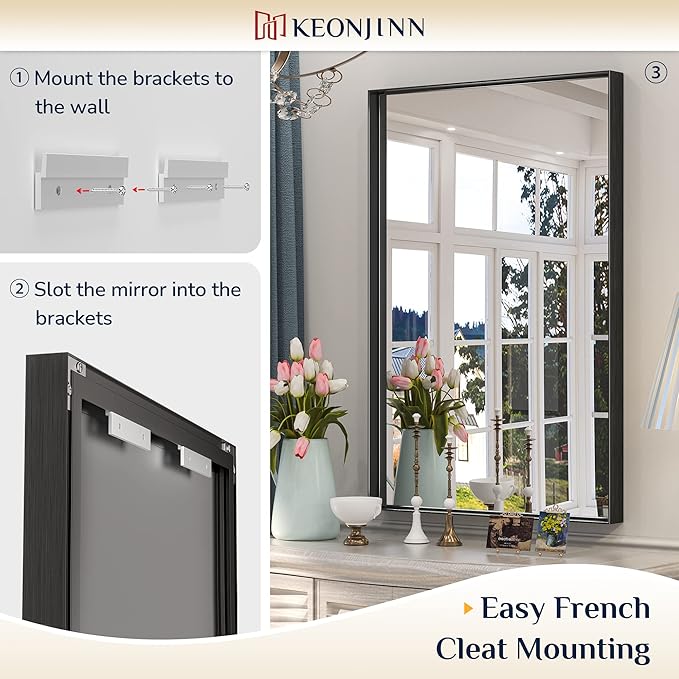 Keonjinn Black Bathoom Mirror 55 x 30 Inch, Large Rectangle Vanity Wall Mirror for Over Sink, Metal Framed Rectangular Mirrors, Brushed Black Modern Farmhouse Mirrors