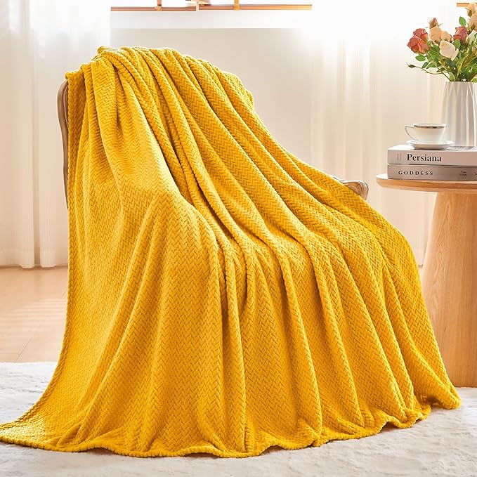 NEWCOSPLAY Super Soft King Blanket Mustard Yellow Premium Silky Flannel Fleece Leaves Pattern Lightweight Bed Blanket All Season Use (Mustard Yellow, King(90"x110"))