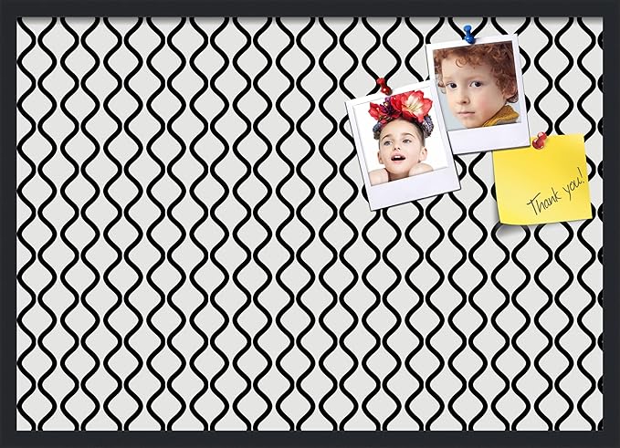 PinPix 34x24 Inch Cork Bulletin Board. This Decorative Framed Pin Board Comes with Black and White Waves Design and a Satin Black Frame. Ideal for Home Office Decor or Message Board (PinPix-194)