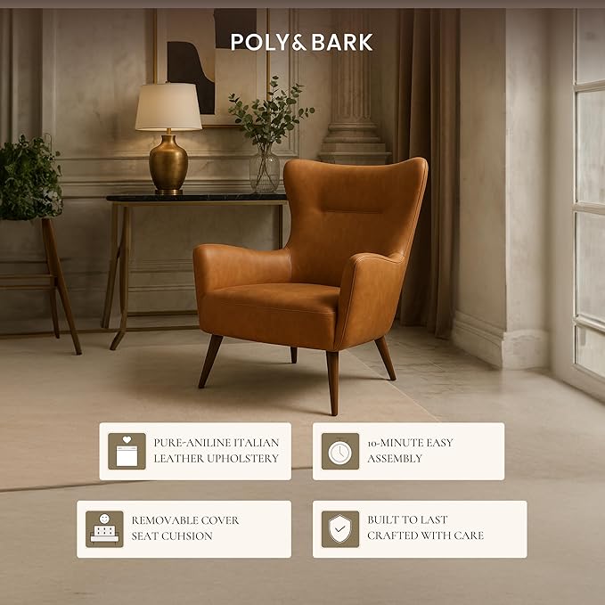 Poly & BARK Aida Leather Lounge Chair – 40.5” Mid-Century Accent Chair for Living Room or Bedroom – Full-Grain Italian Leather, Solid Wood Legs, Feather-Down Comfort – Cognac Tan