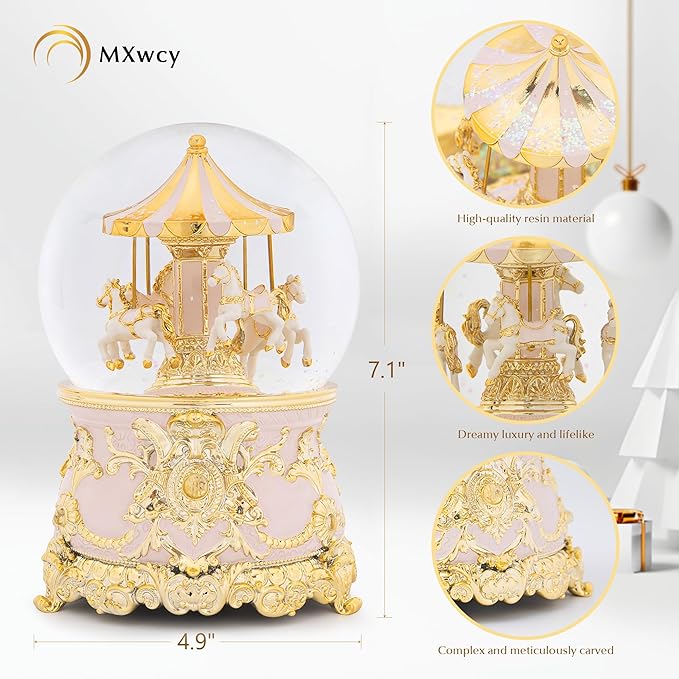 Carousel Horse Music Box Gold Pink Christmas Snow Globes Lantern Whirling Snow Globe Gift for Girls Women Mom Christmas Birthday Day Home Decoration