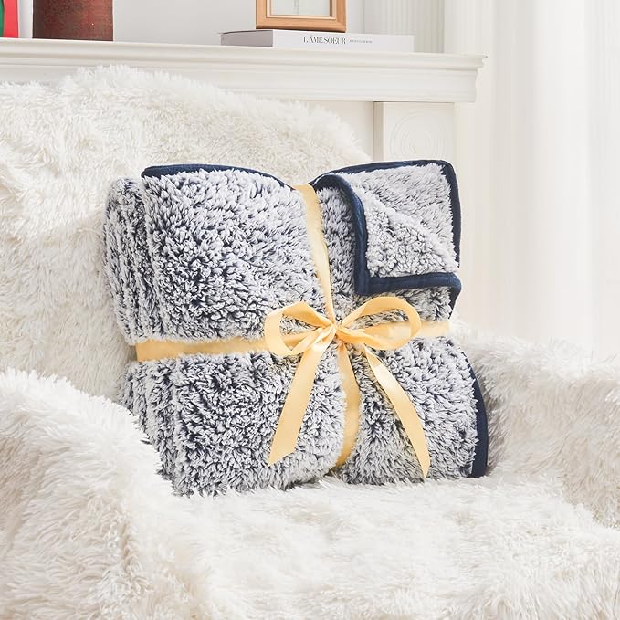 EMME Soft Sherpa Fleece Blanket Queen Size Reversible Plush Fluffy Large Blanket Warm Decorative Boho Cover for Sofa, Couch, Bedroom,Travel(Plush Navy,90"x90")