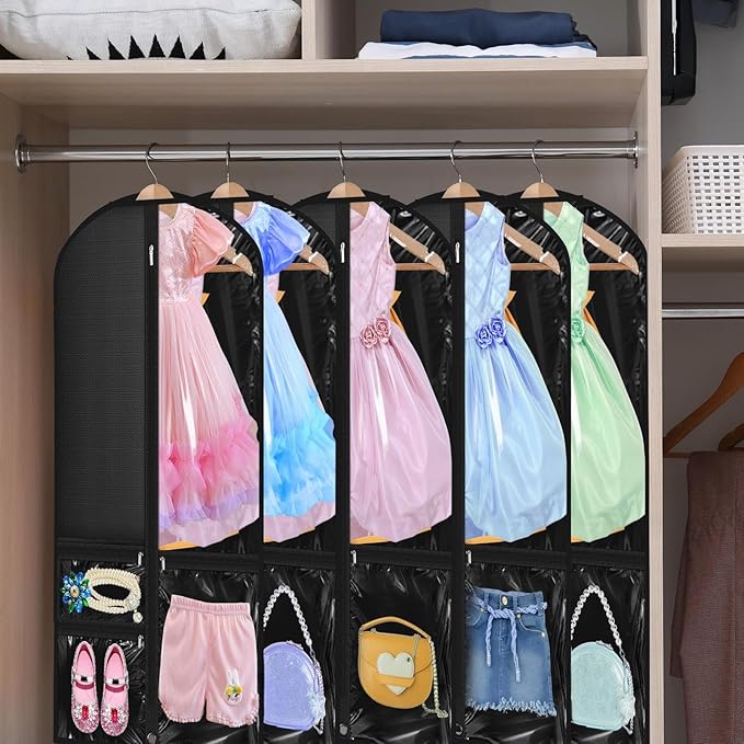 14 Pcs Garment Bags for Dance Costumes Clear PVC with Zippers 24 x 50 Inch Suits Bag with Pockets Dance Costume Organizer Carrier for Storage Cover for Adult(Black,Classic)