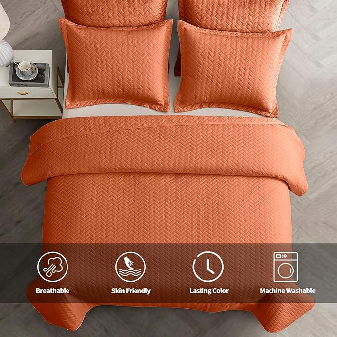 Maple&Stone Quilt Set California King Size, Lightweight Burnt Orange Bedspread Ultrasonic Chevron Pattern Light Coverlet for All Season Comforter Bedding Decor - 3 Piece Bed Cover Sets
