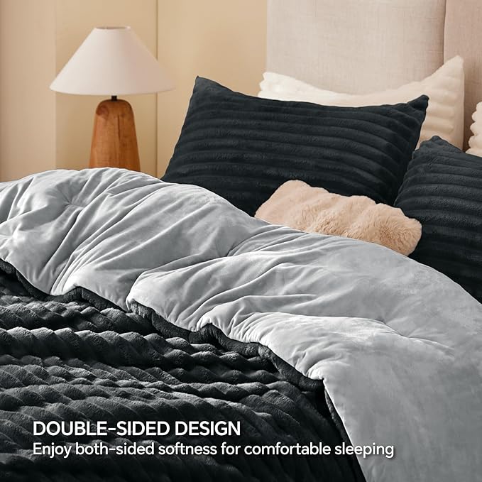 BEDELITE Fleece King Comforter Set -Super Soft & Warm Fluffy Black Bedding, Luxury Fuzzy Heavy Bed Set for Winter with 2 Pillow Cases