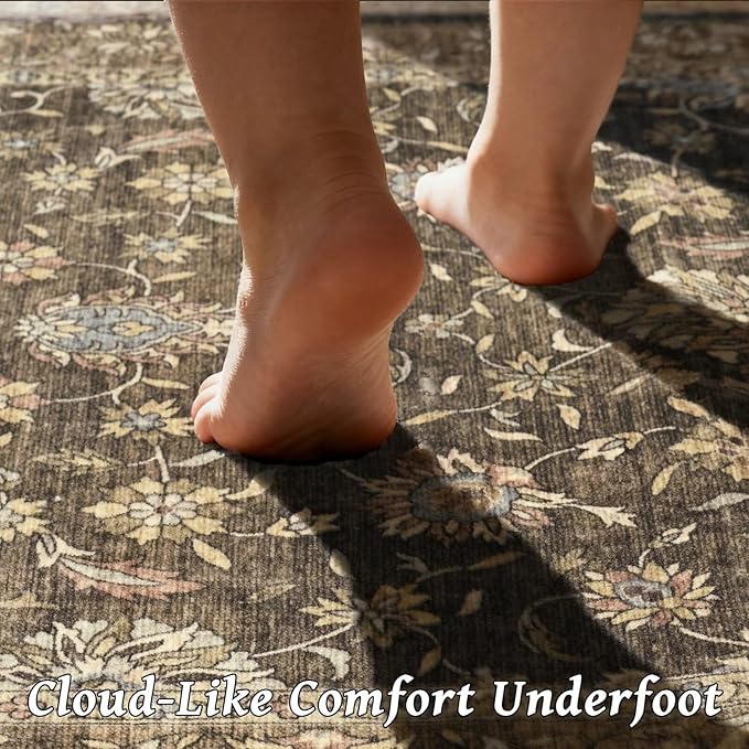 Washable 4x6 Rugs for Living Room, Boho Non-Slip Vintage Distress Small Rugs for Bedroom Nursery Office, 0.3" Neutral Oriental Throw Thin Carpet with Cushioning Pad, Tan/Flaxen/Multi