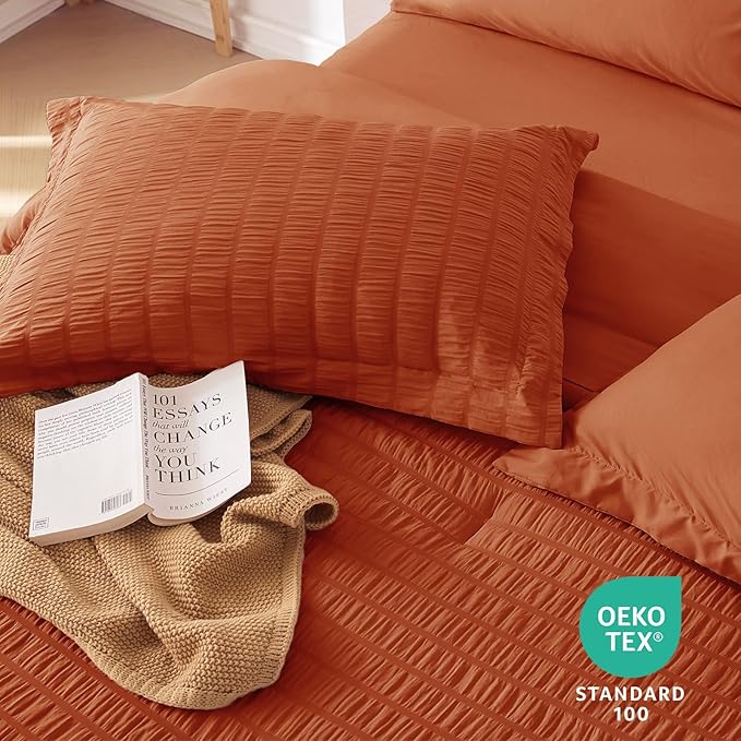 MUXHOMO 5 Pieces Twin Comforter Set, Seersucker Bed in a Bag Twin Size, All Season Luxury Bedding Set with Comforter, Flat Sheet, Fitted Sheet, Pillowcase & Sham, Burnt Orange