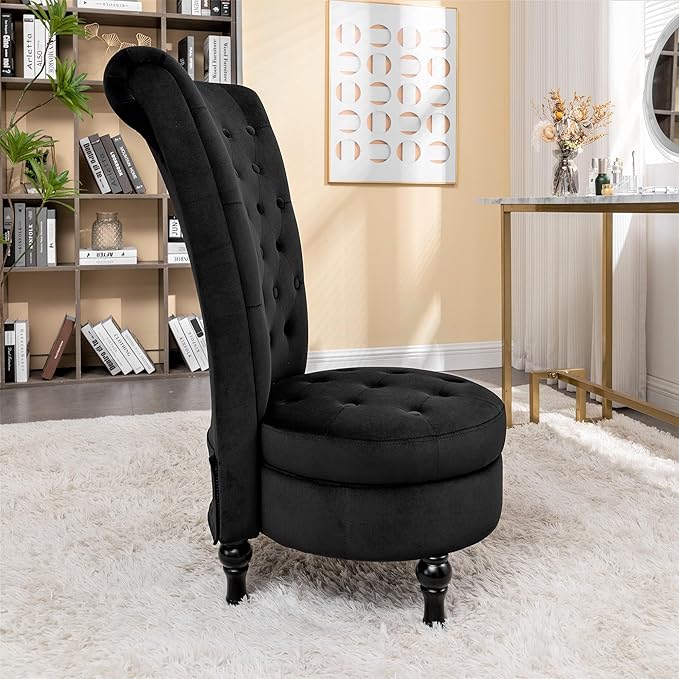 Royal High-Back Velvet Accent Chair for Vanity with Storage and Luxurious Upholstery, Retro Design and Versatile Usage for Living Room, Bedroom, Lounge and Office, Black
