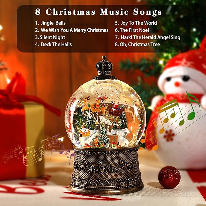 100mm Christmas Snow Globe with Music and Waterfall Effects Featuring Flying Reindeer and Santa Snow Scene Power Options: USB Charging and Battery-Powered(Snow Village)
