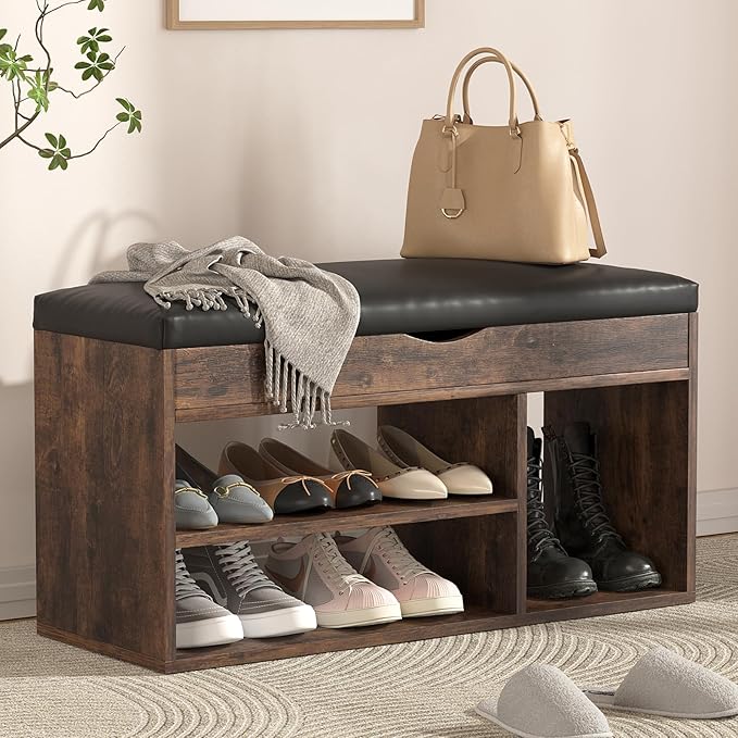 Apicizon 31 Inches Storage Bench, Shoe Bench with Flip Top Storage Space and Padded Cushion, Wooden Entryway Bench for Entryway, Living Room, 2-Tier Shoe Rack Organizer, Brown
