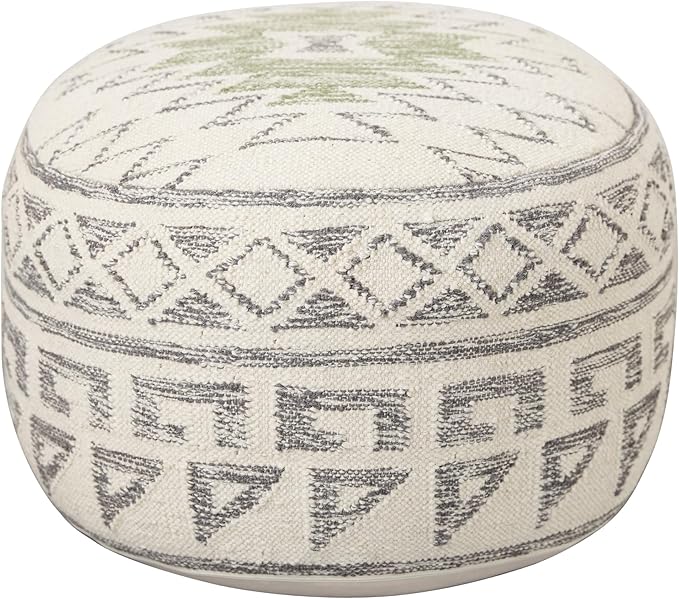 Creative Co-Op Boho Round Wool Blend Kilim Pouf with Geometric Design, Multicolor