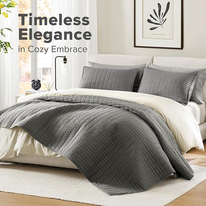 Comfort Spaces Charcoal Oversized King Quilt Set 120"x118" Bedspread Quilted Summer Lightweight Microfiber Bedding Coverlet with Double Sided Stitching Soft All Season Cozy 3 Piece with Matching Shams