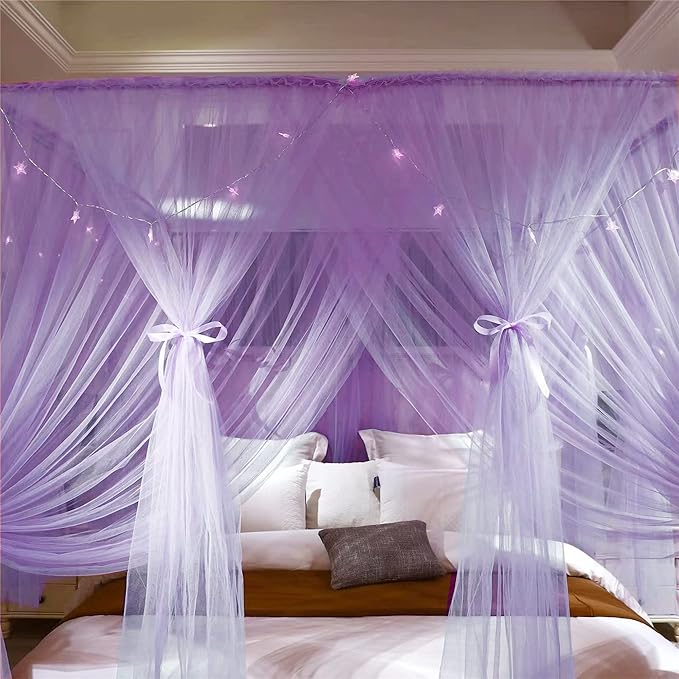 VETHIN 4 Corners Post Princess Bed Canopy Curtain Double Layer Cozy Drape Netting 4 Opening Mosquito Net for Girls & Adults Bedroom Decoration Accessories (Double Purple,64" W*82" L*82"*H/(Queen))