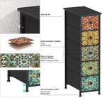 GiftGo Retro Skinny Dresser with Fabric Drawers Thin Slim Boho Mandala Flower Chest of Drawers Narrow Storage Tower for Small Spaces Gaps Bedroom Beautiful Nightstand Living Room Table