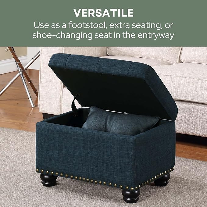 Convenience Concepts Designs4Comfort 5th Avenue Upholstered Storage Ottoman 24" - Contemporary Foot Stool and Seat with Hinged Lid for Living Room, Dining Room, Office, Den, Dark Blue Fabric