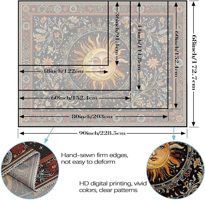 Accnicc Vintage Sun and Moon Tapestry Hippie Indie Boho Floral Wall Tapestry for Bedroom Aesthetic Stained Glass Celestial Plant Large Tapestries Wall Hanging for Living Room Dorm 80 x 60 Inch