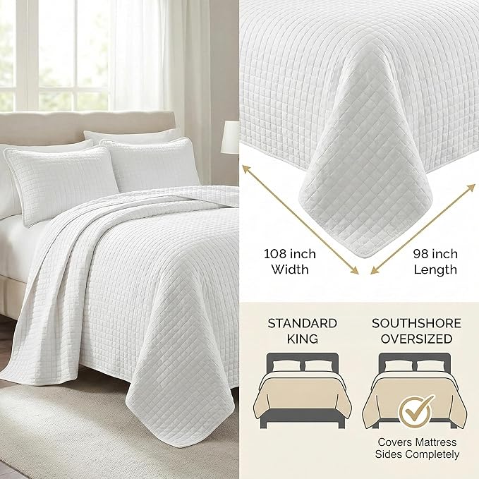 Southshore Fine Living, Inc. King Quilt Bedding Set with Shams, Coverlet Quilt King Size Bedspread, Luxury Bedding, Bed Spread for Kings/California Kings, Lightweight Quilted Comforter, White Quilts