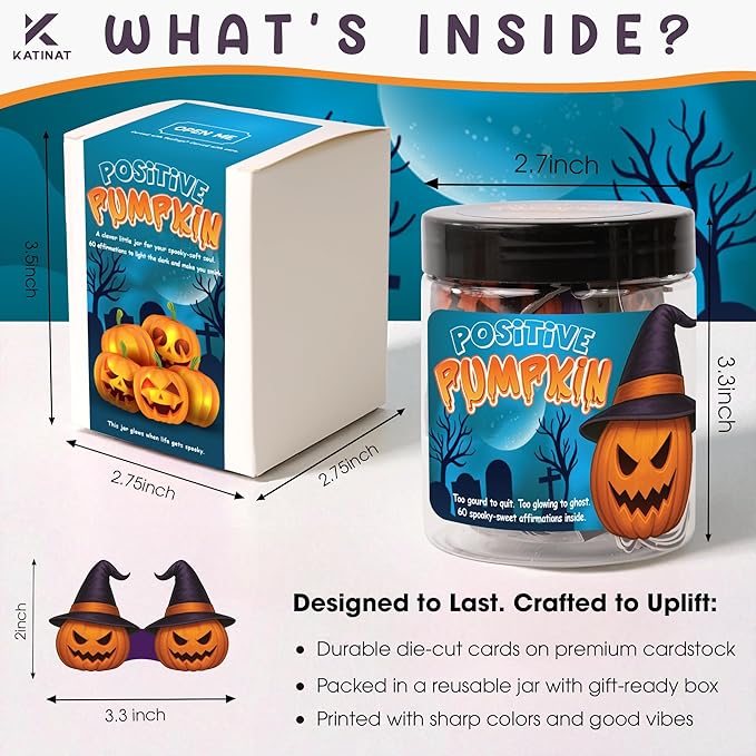 Positive Pumpkin Jar for Women & Teens, Decorative Jar with 60 Uplifting Messages, Non-Lighted Pumpkin Jar for Desk & Shelf, Fall Gift Basket Idea