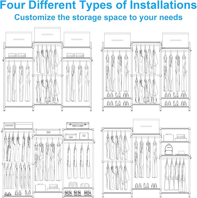 Ulif E13 Heavy Duty Clothes Rack（With 4 Hanger Rods & 8 Shelves） Freestanding Clothing Racks for Hanging Clothes，Adjustable Closet Organizer，Metal Garment Rack 63" W x16 D x77 H，Max Load 900LBS，Pink