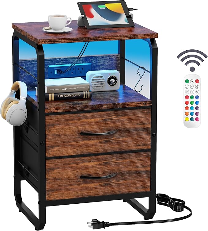 LED Nightstand, Bed Side Table with Storage, End Table with Drawers & Hooks, Bedside Table with Charging Station, AC Outlets, USB C Ports, Rustic Brown Night Stand Table for Living Room, Dorm