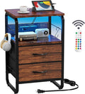 LED Nightstand, Bed Side Table with Storage, End Table with Drawers & Hooks, Bedside Table with Charging Station, AC Outlets, USB C Ports, Rustic Brown Night Stand Table for Living Room, Dorm