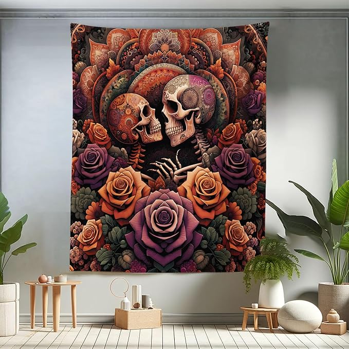 Ambesonne Hippie Tapestry Twin Size, Mystic Rose Flowers and Oriental Mandala Skeleton Lovers Goth Art Skulls, Wall Hanging Bedspread Bed Cover Wall Decor, 68" X 88", Vermilion Dark Magenta
